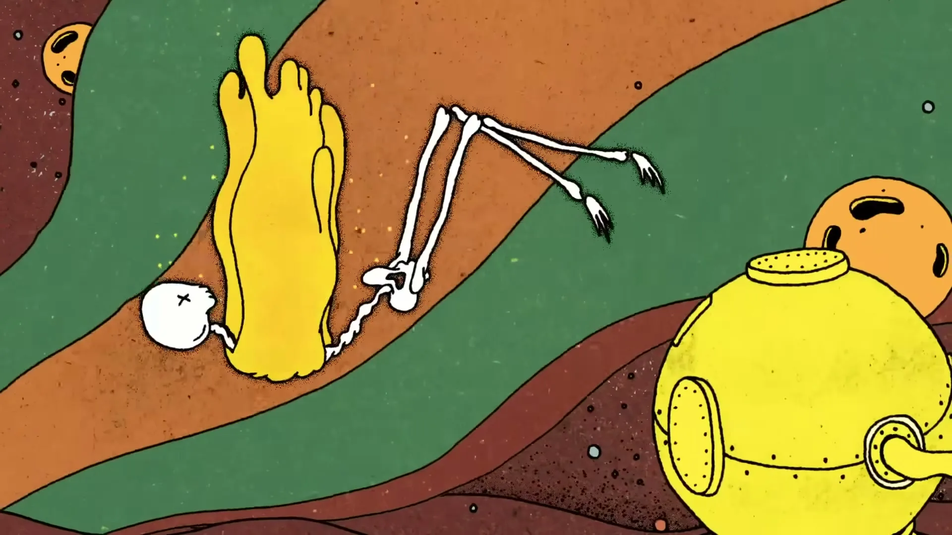 A skeleton with a yellow blob for a body floats in a wavy, abstract, brown and green space, with yellow spheres floating around it.