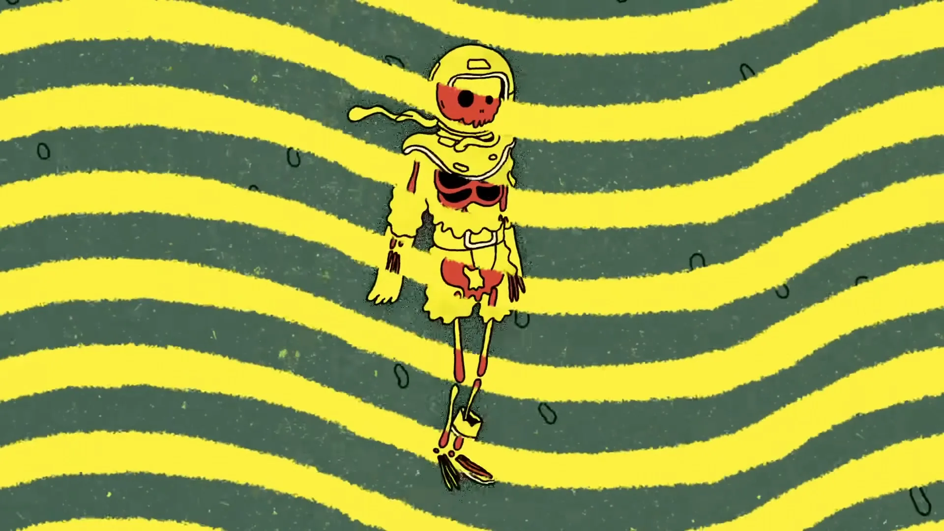 A cartoon skeleton wearing a yellow astronaut suit and helmet floats against a background of wavy yellow and green stripes.
