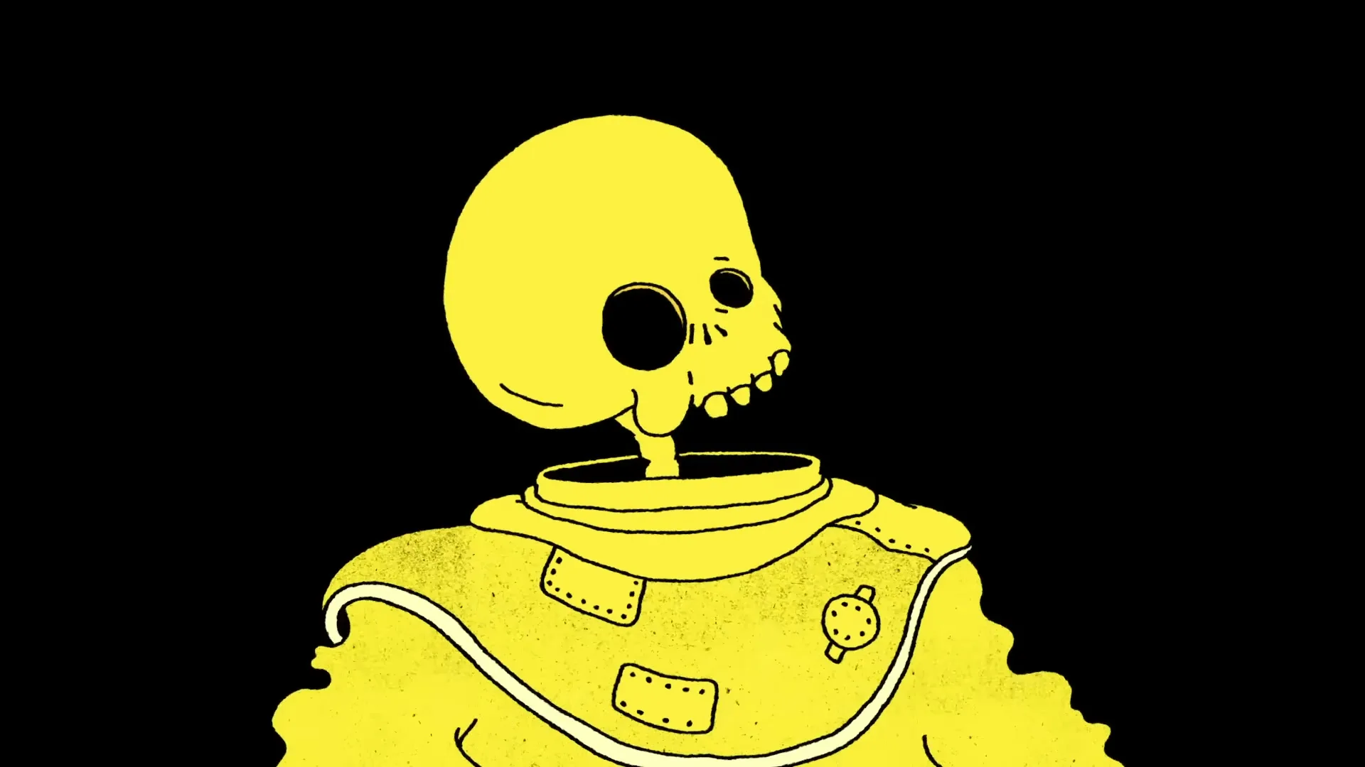 A yellow cartoon skeleton in a space suit looks right, with a black background that turns red and textured.