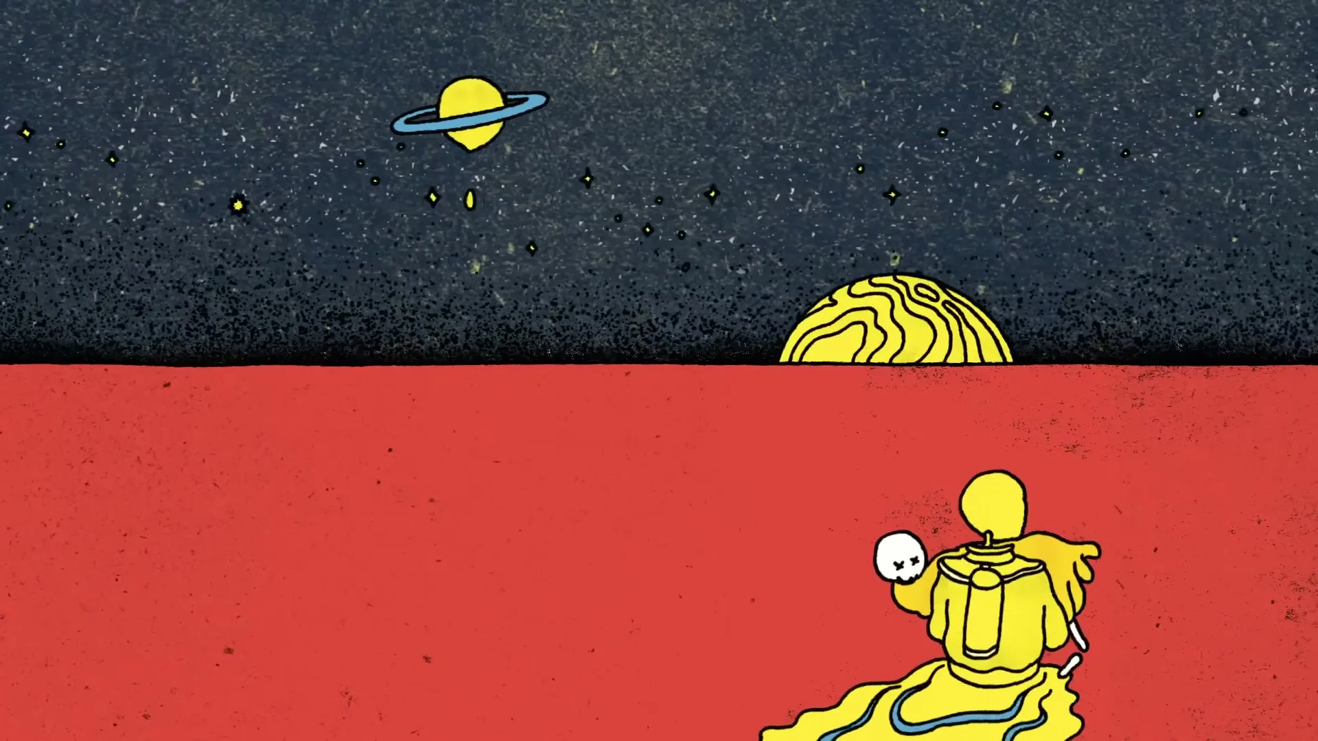 A yellow astronaut-like figure with a skull in hand walks across a red landscape under a starry night sky with a planet and a rising sun.