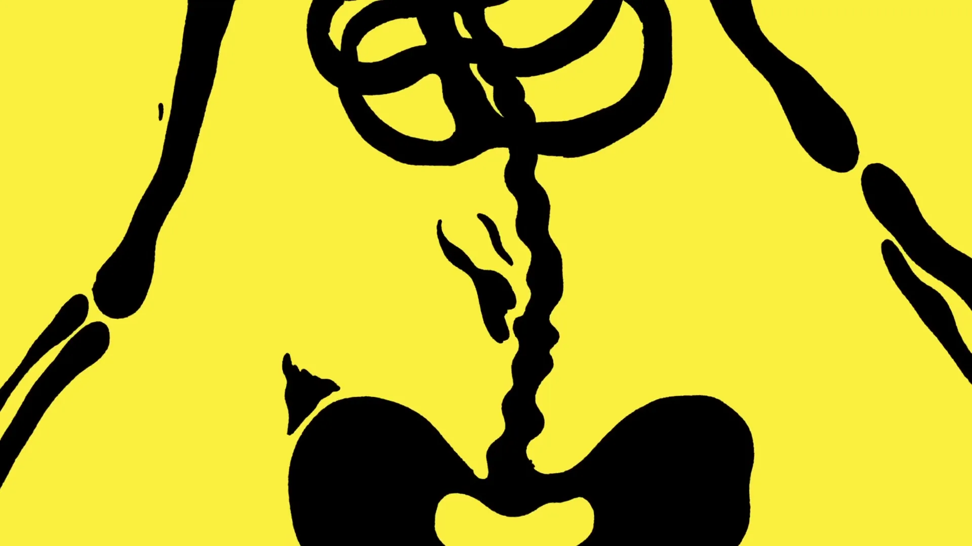 A black skeleton is shown against a bright yellow background, with its bones wiggling and moving as if dancing.