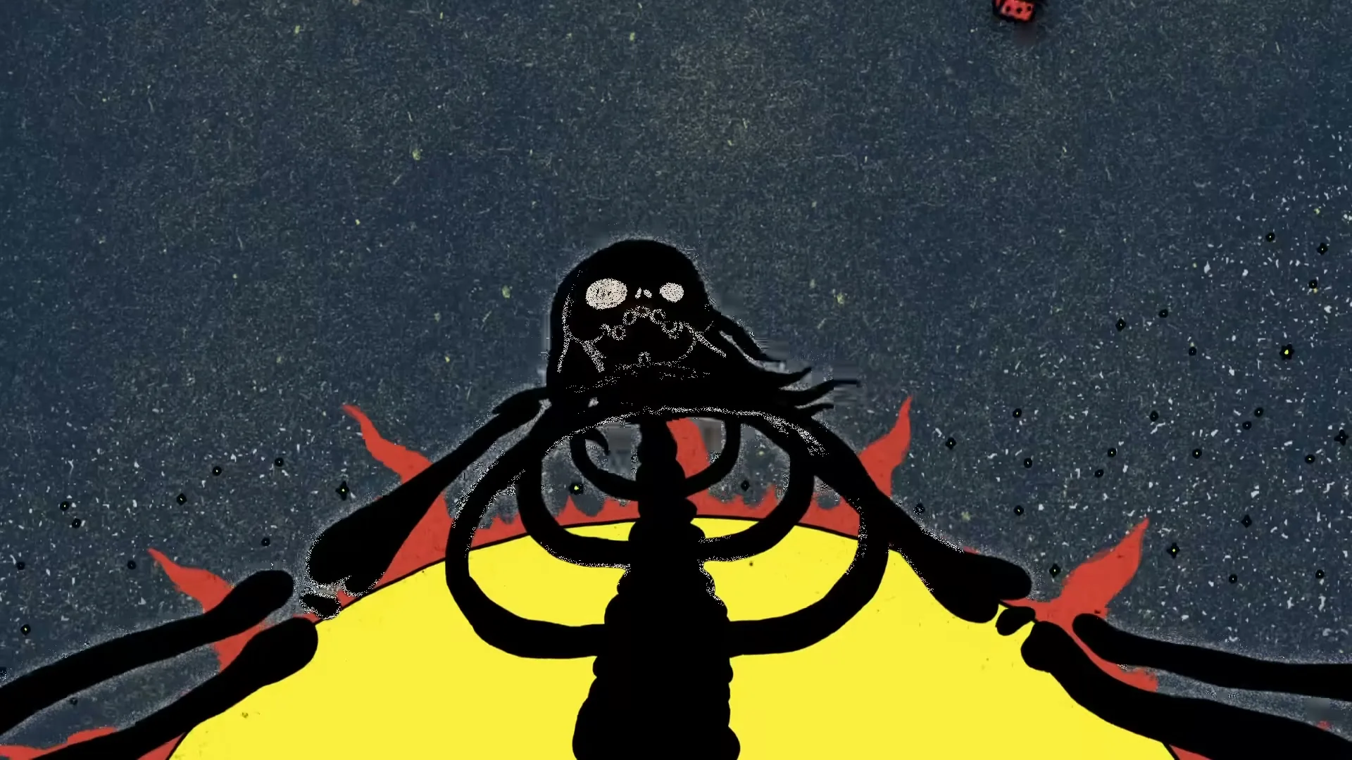 A stylized animation shows a black skeleton-like figure with glowing eyes and long hair, holding a large yellow circle with red flames, as a red die falls into view.