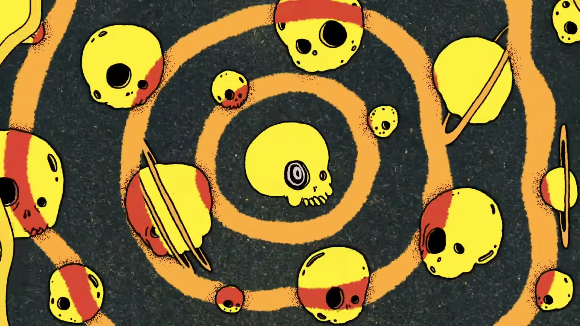 A black rocket ship flies across a yellow moon, then the moon transforms into a skull, then many skulls float in space, then a skull rises from red waves.