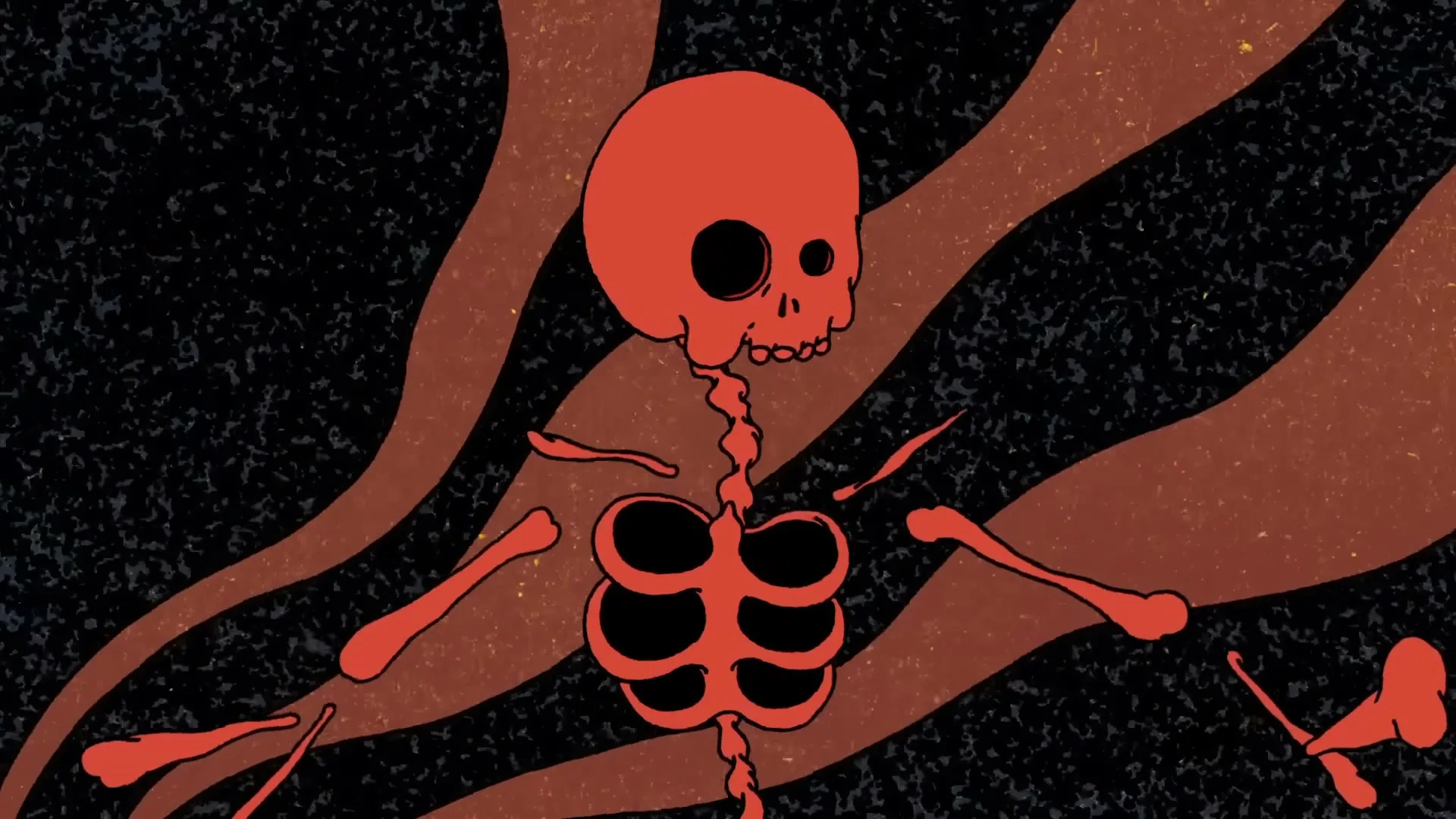 A red skeleton with black eyes and rib cage floats against a dark background with brown wavy stripes, then transforms into a yellow skull.