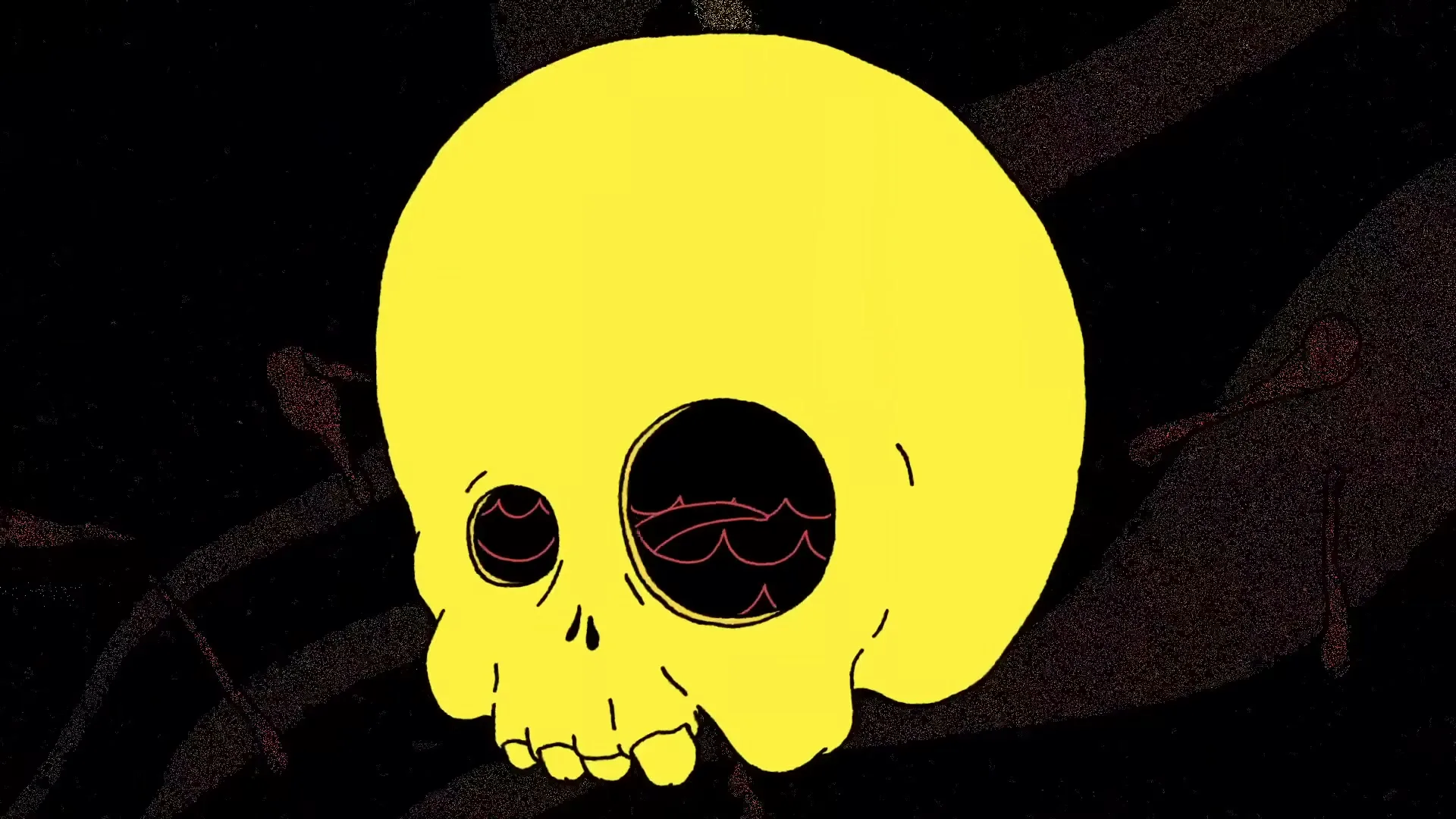 A stylized yellow skull with red waves in its eye sockets is shown against a dark, textured background with abstract shapes.