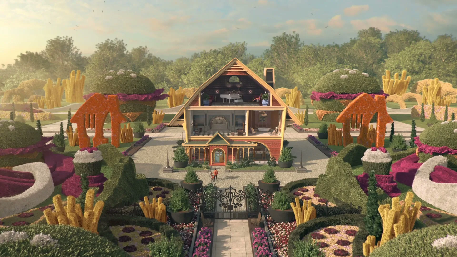 A whimsical, dollhouse-like mansion with a cutaway view of its interior stands in a fantastical garden filled with food-shaped topiaries under a bright sky.