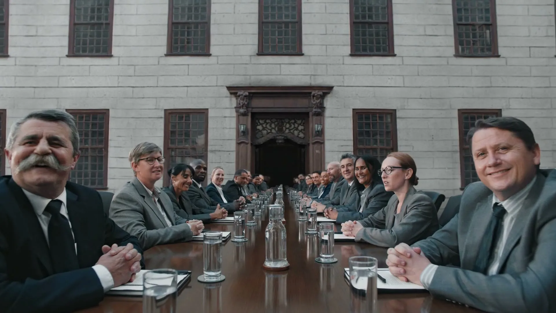 A diverse group of business professionals in suits sit around a long conference table, smiling and looking at the camera in a grand hall.