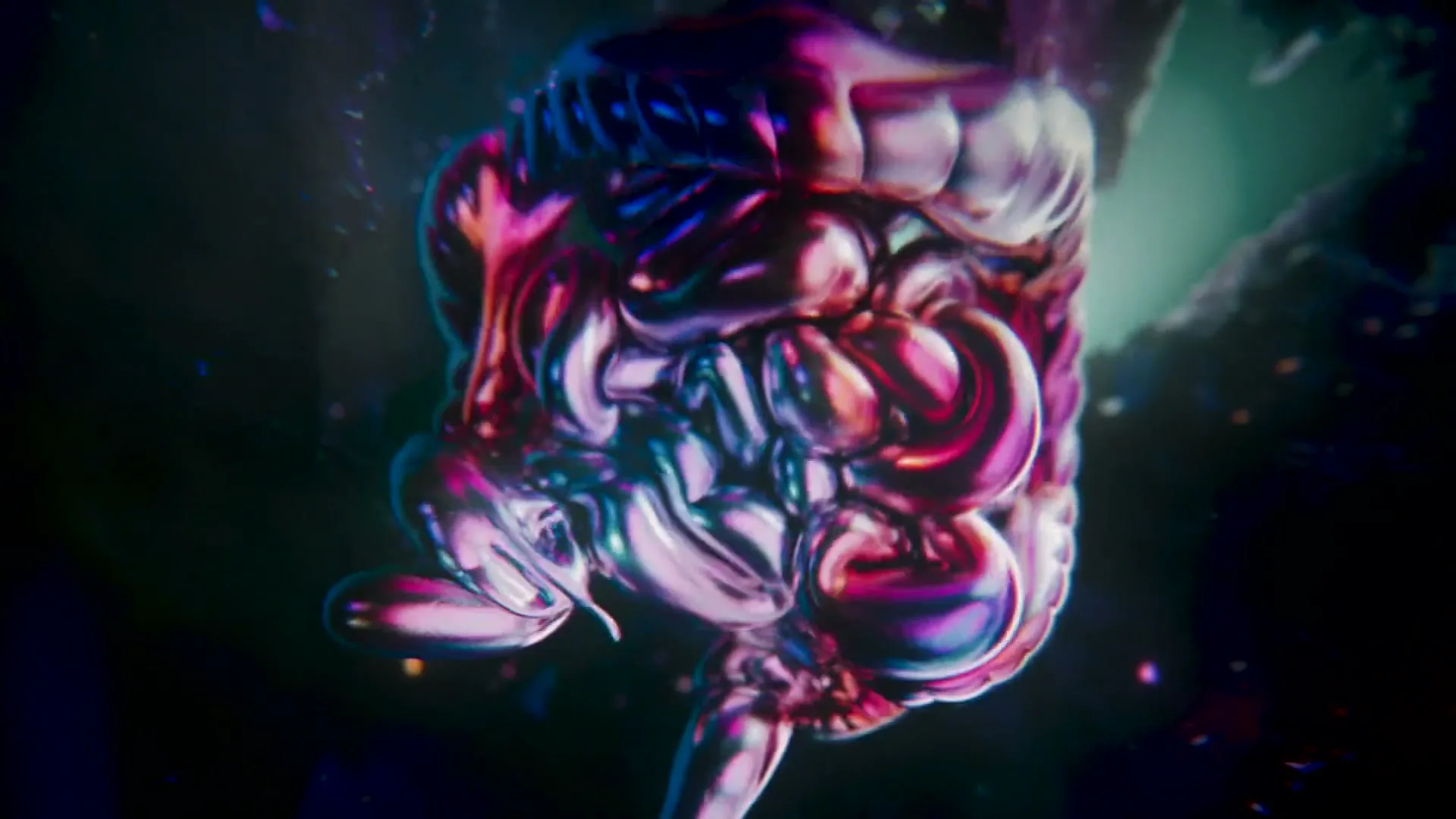 A shiny, metallic, brain-like object with purple and blue hues is pulled upwards by a dark, thin string against a dark, abstract background.