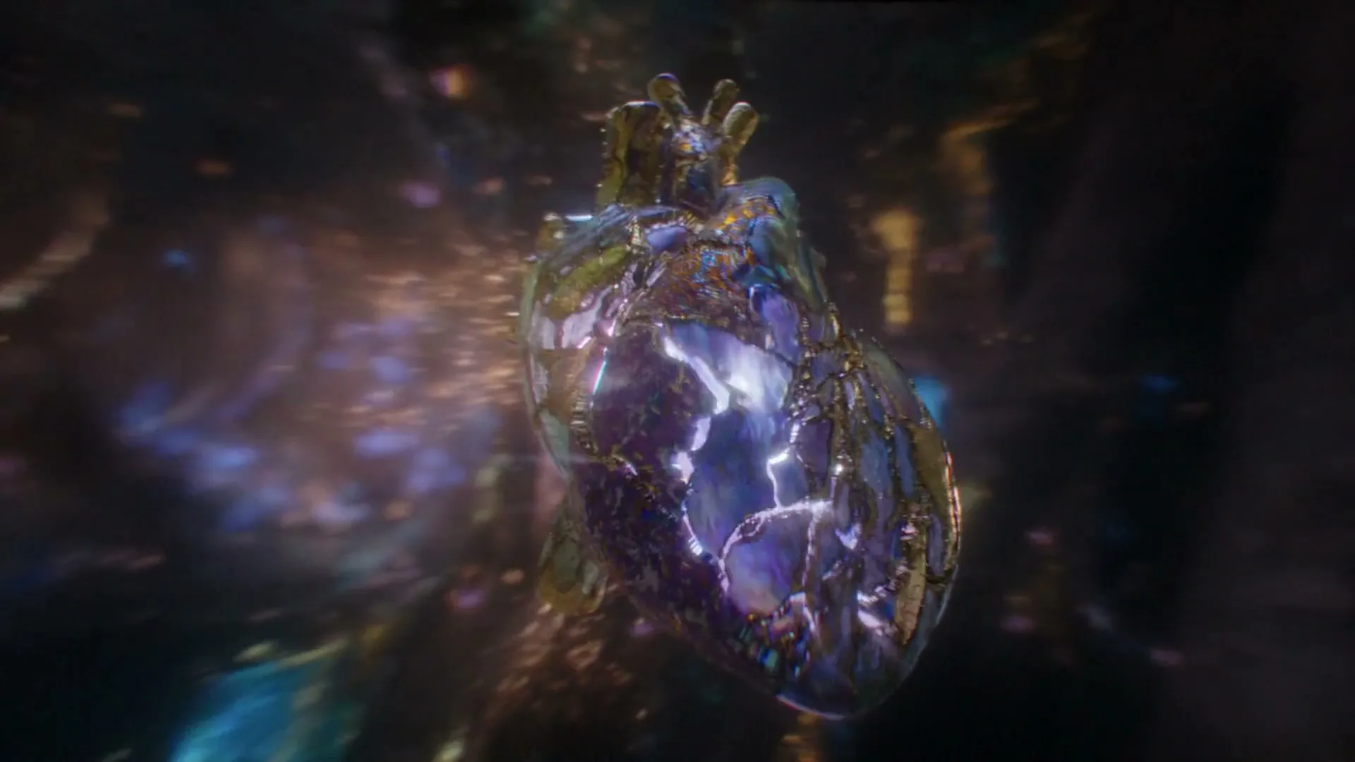 A glowing, crystalline heart-shaped object emerges from a burst of light and energy, then shatters into pieces in a dark, cosmic void.