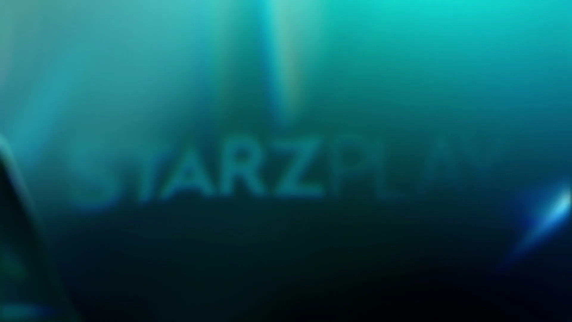 The word "STARZPLAY" appears on a dark teal background with light flares, then the words "STARZPLAY IS NOW" appear on a black and teal background.