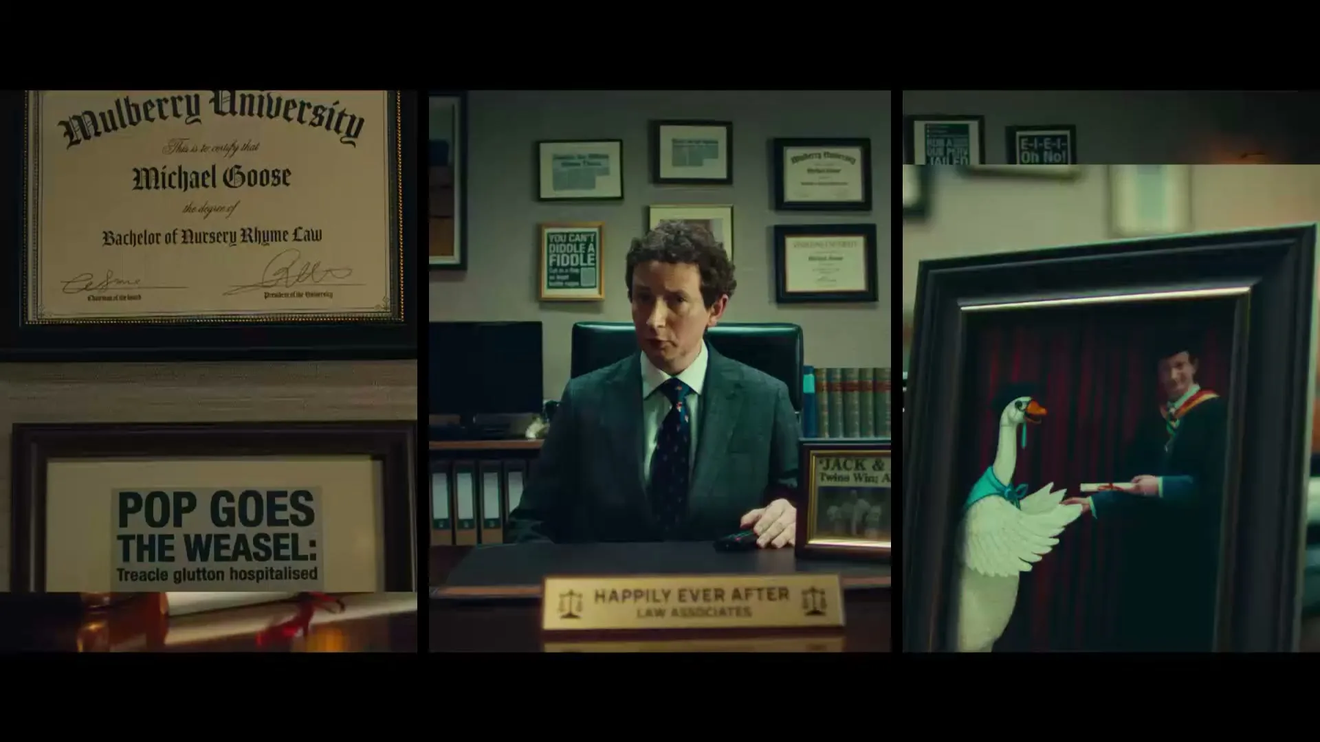 A male lawyer in his 30s, wearing a suit, sits at his desk in an office, talking to the camera about nursery rhyme law.