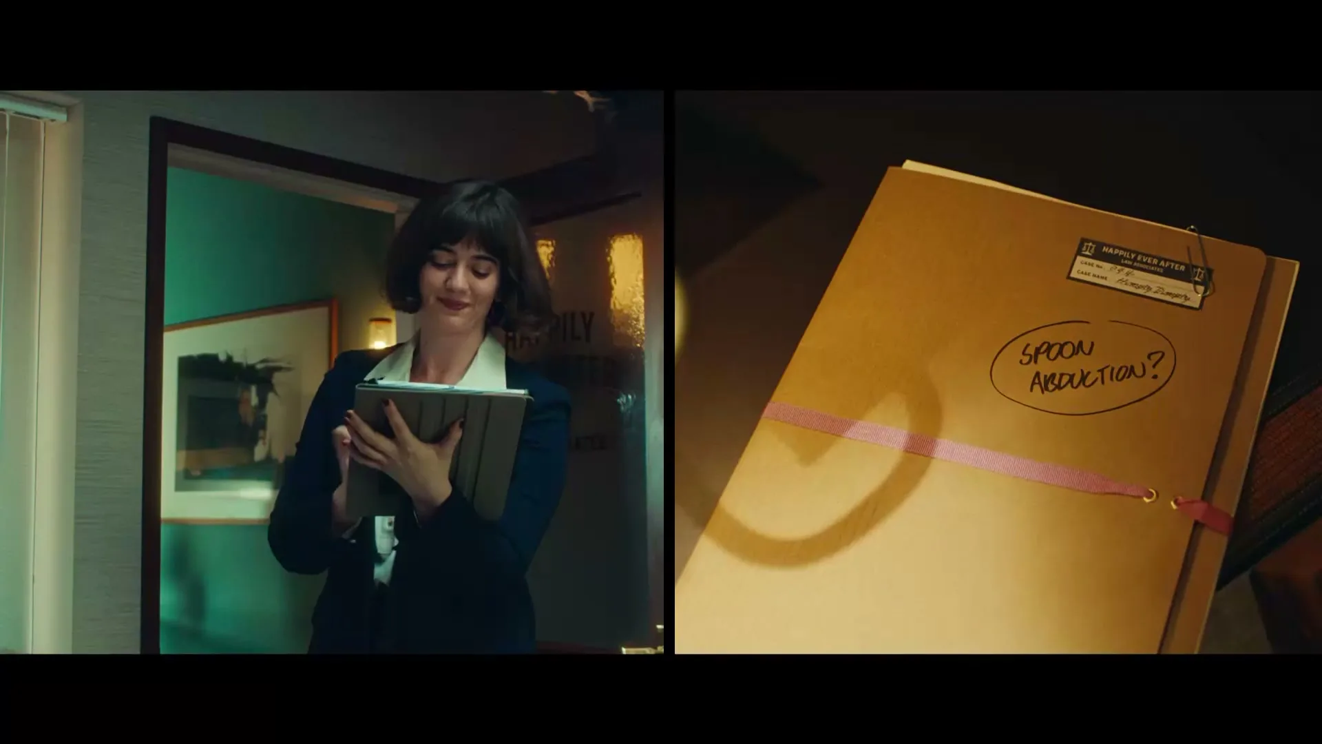 A woman in a suit holds a tablet and smiles, then looks surprised, while a hand points to a file labeled "Spoon Abduction?" in an office.