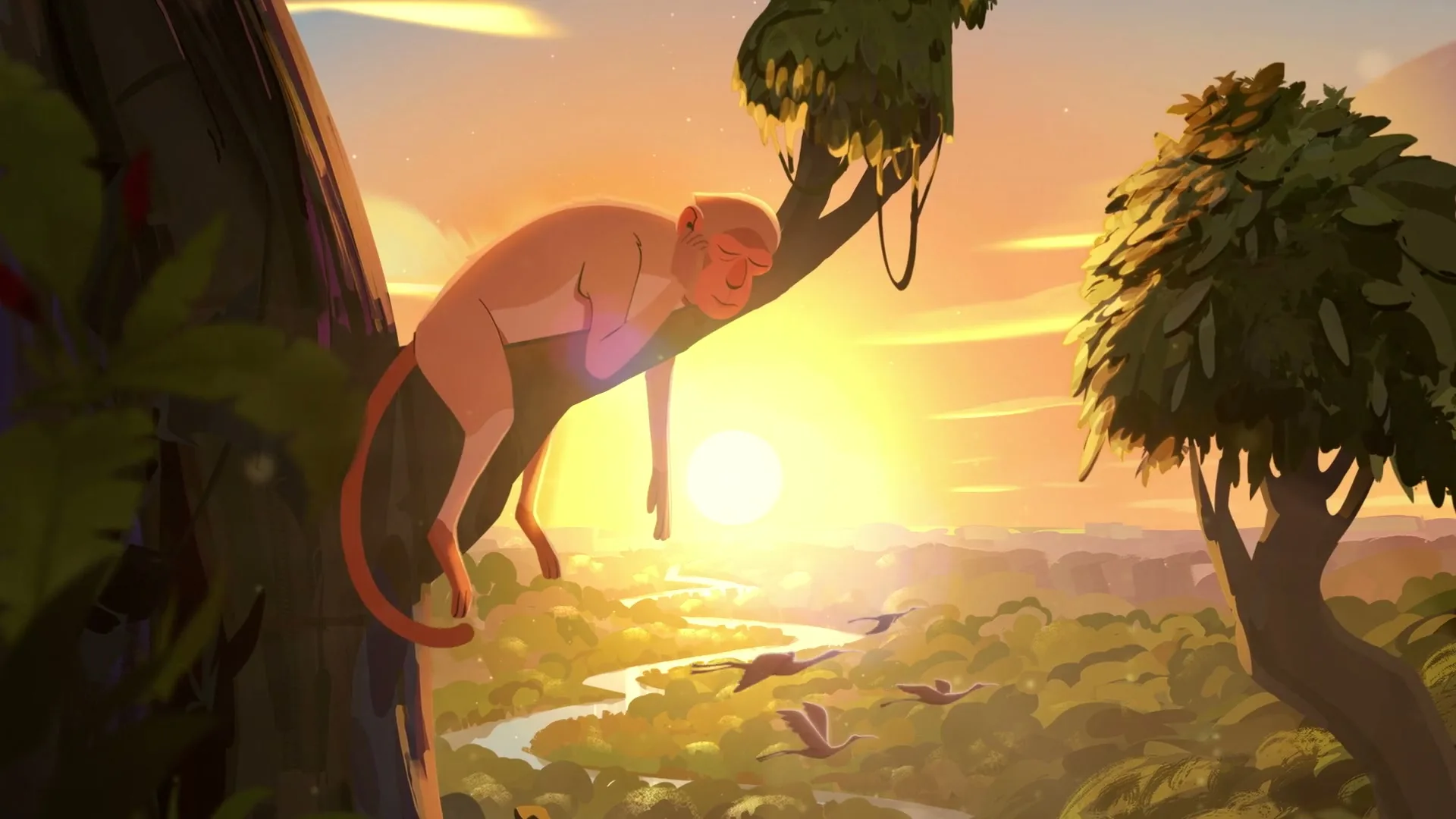 A light brown monkey sleeps on a tree branch, overlooking a lush green jungle with a winding river and a bright sunset in the background.