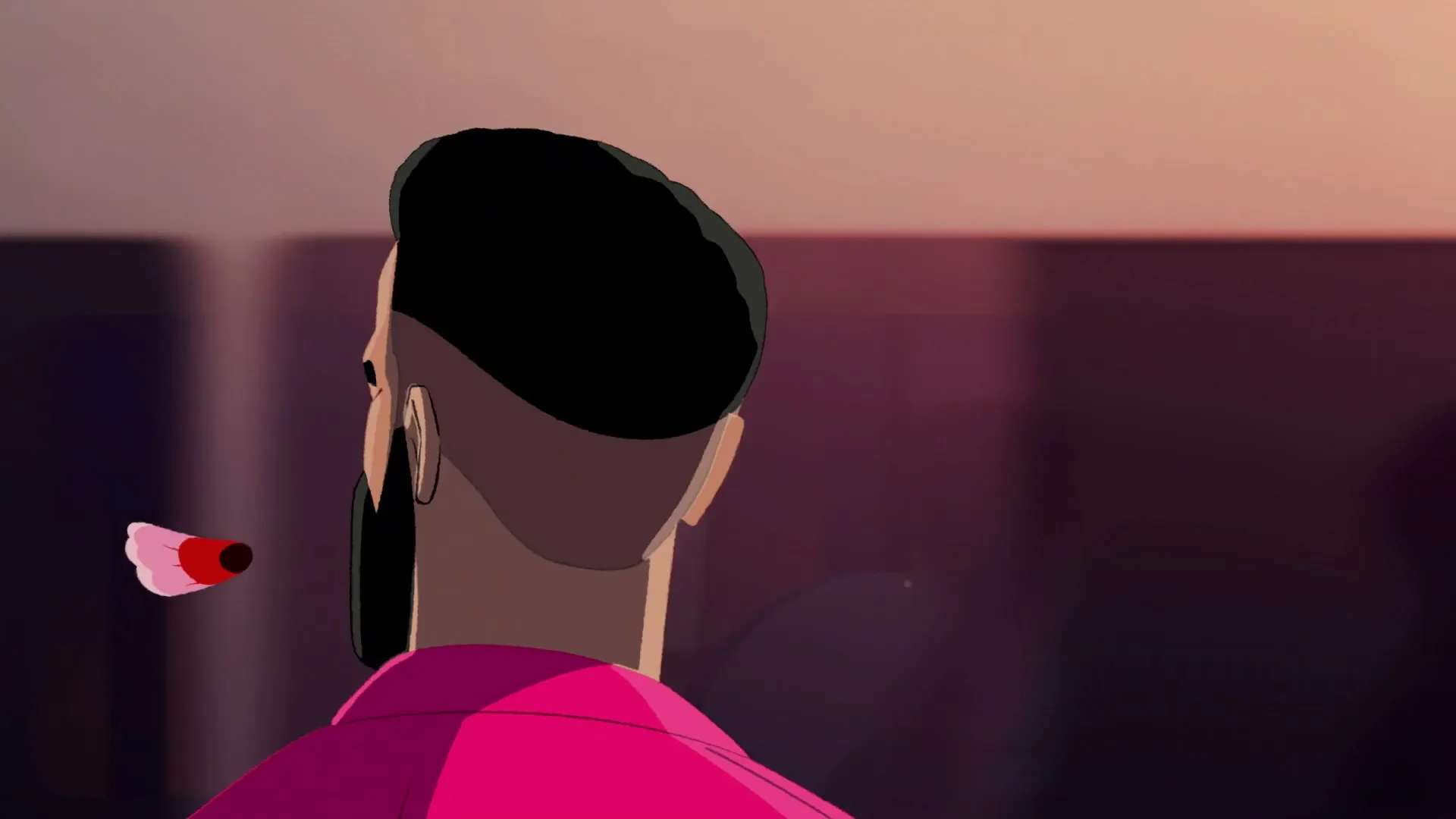 A man with a beard and a pink shirt looks out a window at a woman in a blue dress, as a small pink flower floats by.
