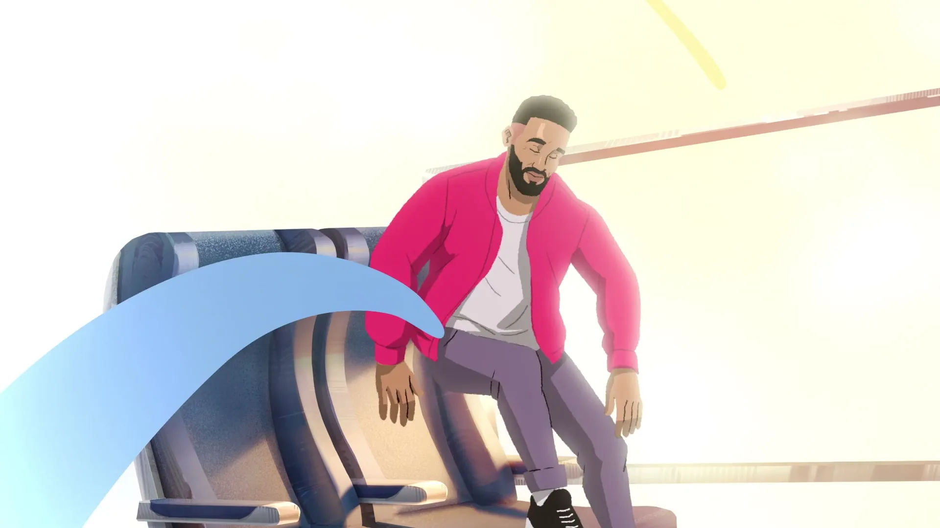 A man with a beard, wearing a pink jacket and grey pants, sits on a train seat, then stands up, in a bright, stylized animated scene.