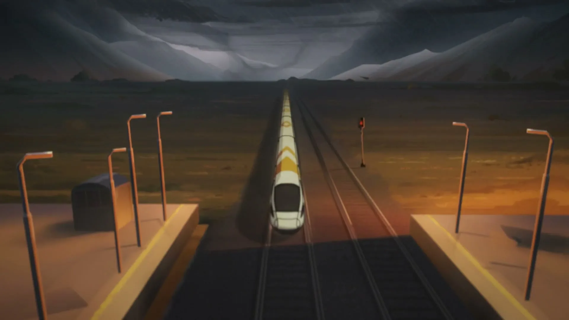 A butterfly wing transforms into a train on tracks, speeding away from a station into a vast, mountainous landscape under a stormy sky.