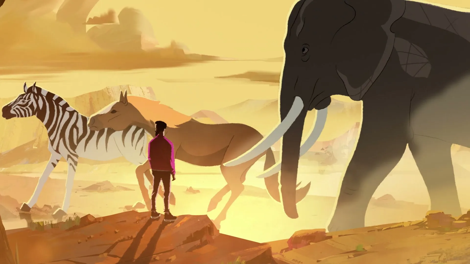 A young man stands on a rocky outcrop, looking at a zebra, a horse, an elephant, and a giraffe walking past him in a stylized desert landscape at sunset.