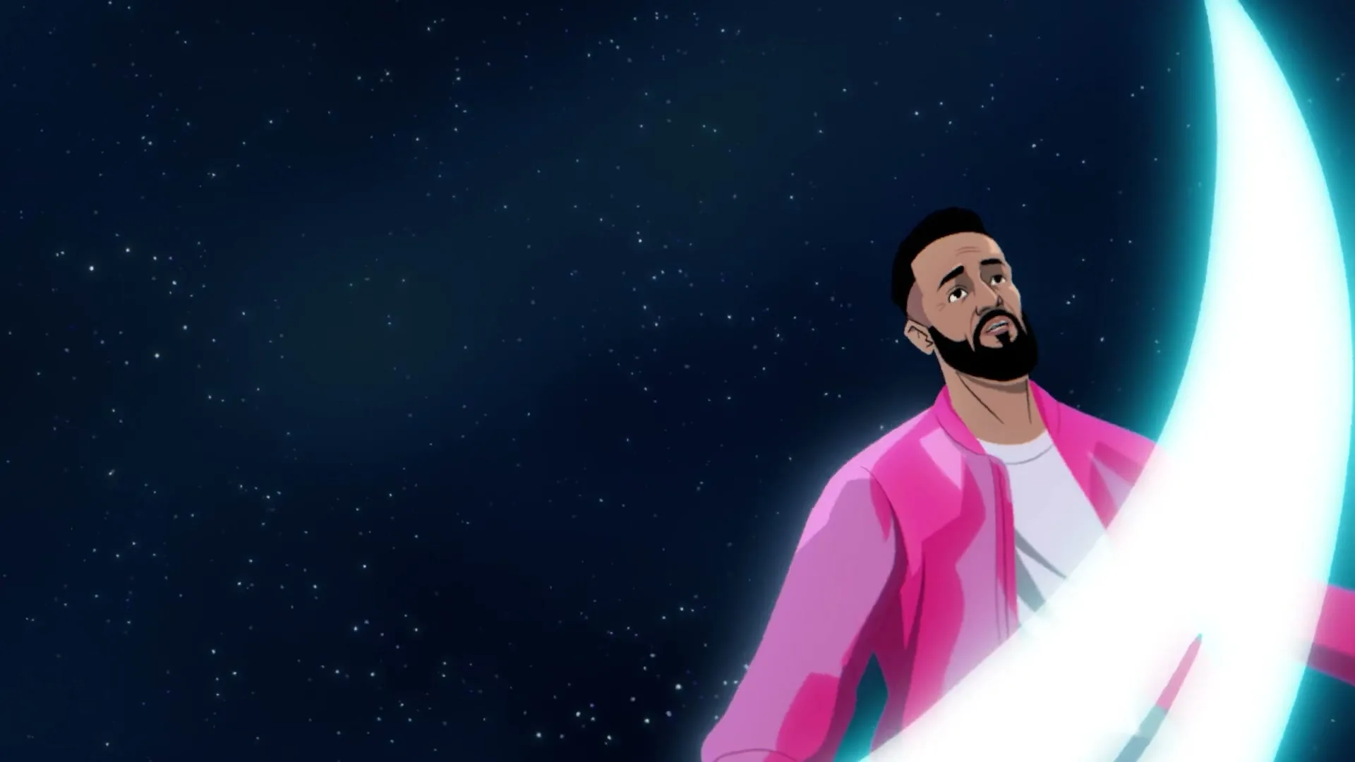 An animated man with a beard and pink jacket looks up as a glowing light ribbon swirls around him in a starry night sky.
