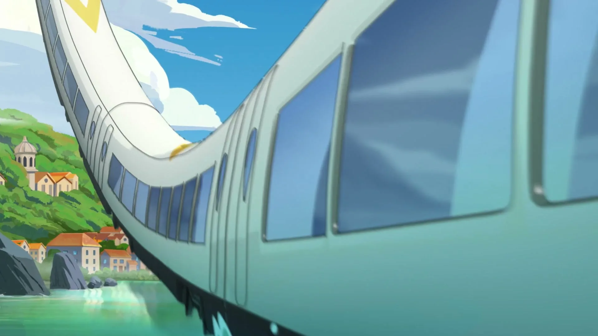 A stylized animated train travels along a track next to a body of water, with a town on a hillside and a cloud shaped like a woman's face in the sky.