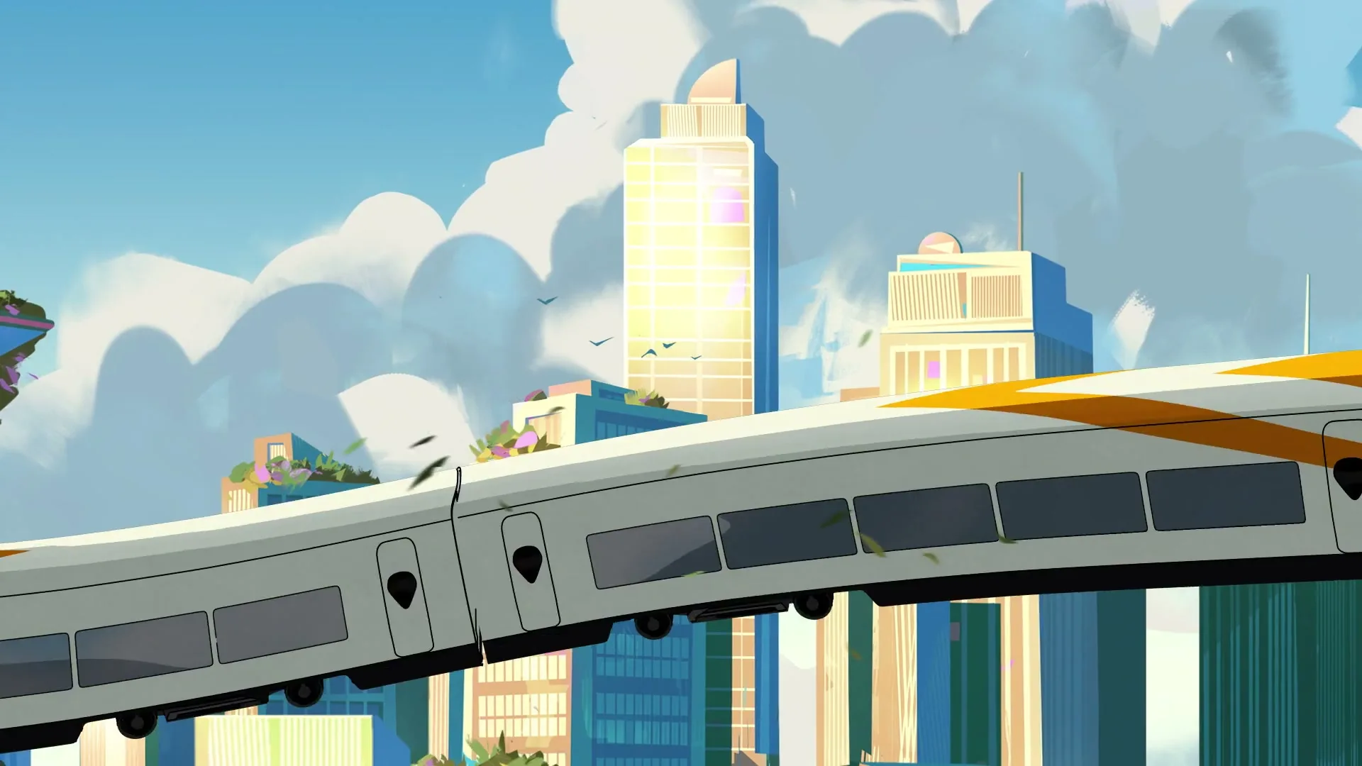 A man in a pink jacket and black pants sits on top of a white and orange train as it moves through a stylized city with tall buildings and blue skies.