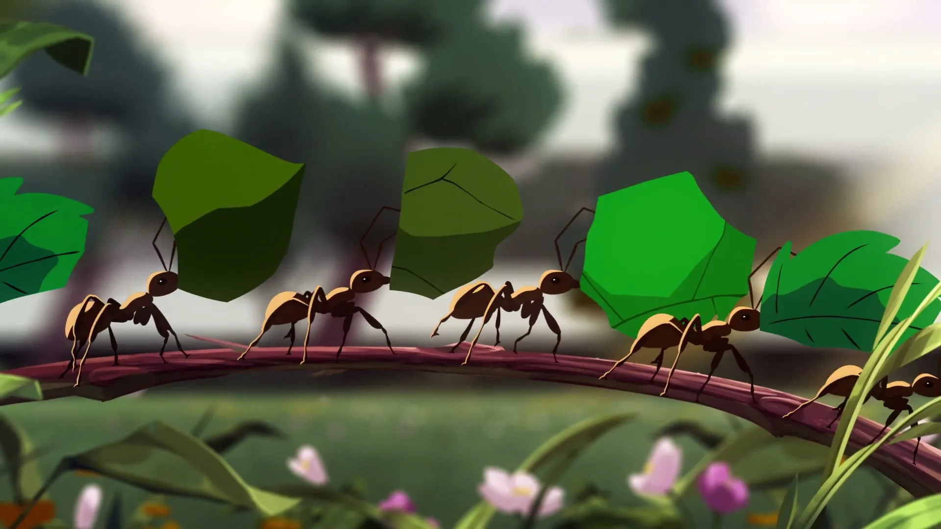 A line of animated ants carries green leaves across a branch, moving from left to right in a natural, outdoor setting.
