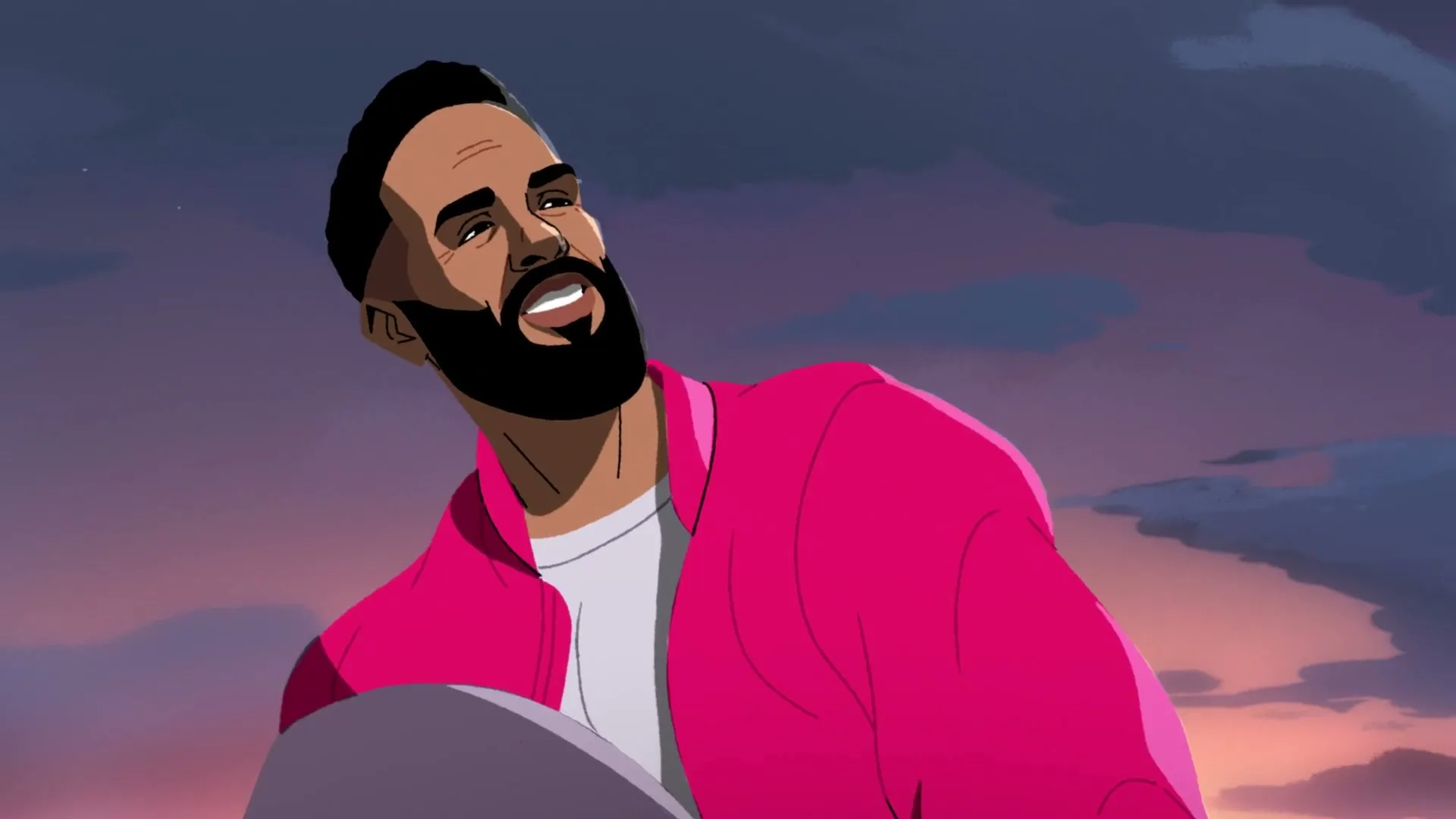 An animated man with a beard and a pink jacket looks up at the sky with a happy expression, against a purple and orange sunset.