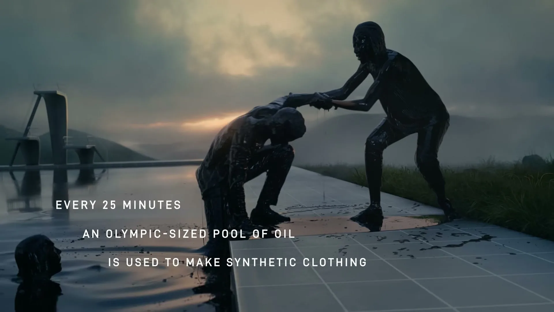 Two figures covered in black oil struggle to pull themselves out of an oil-filled pool, with a third figure submerged, against a dramatic sky.