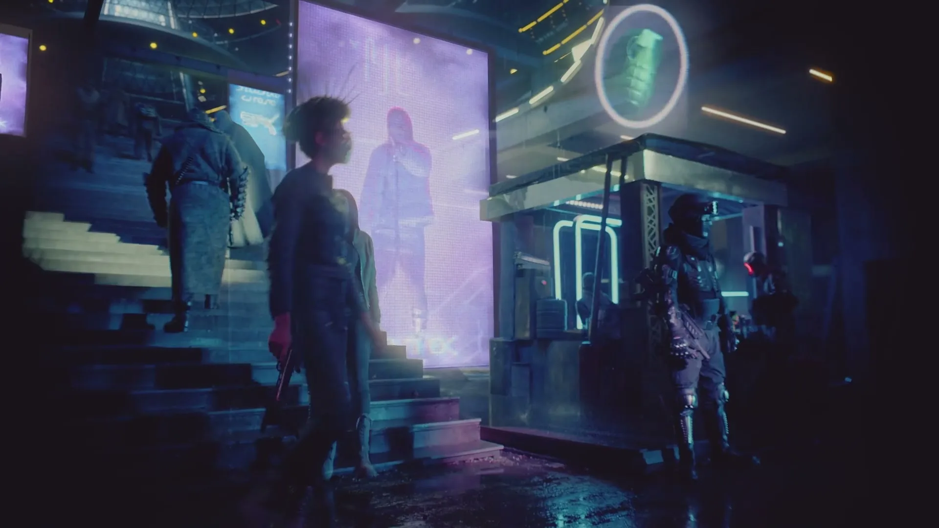 A diverse group of people walk through a futuristic, neon-lit marketplace at night, with large digital screens displaying figures in the background.