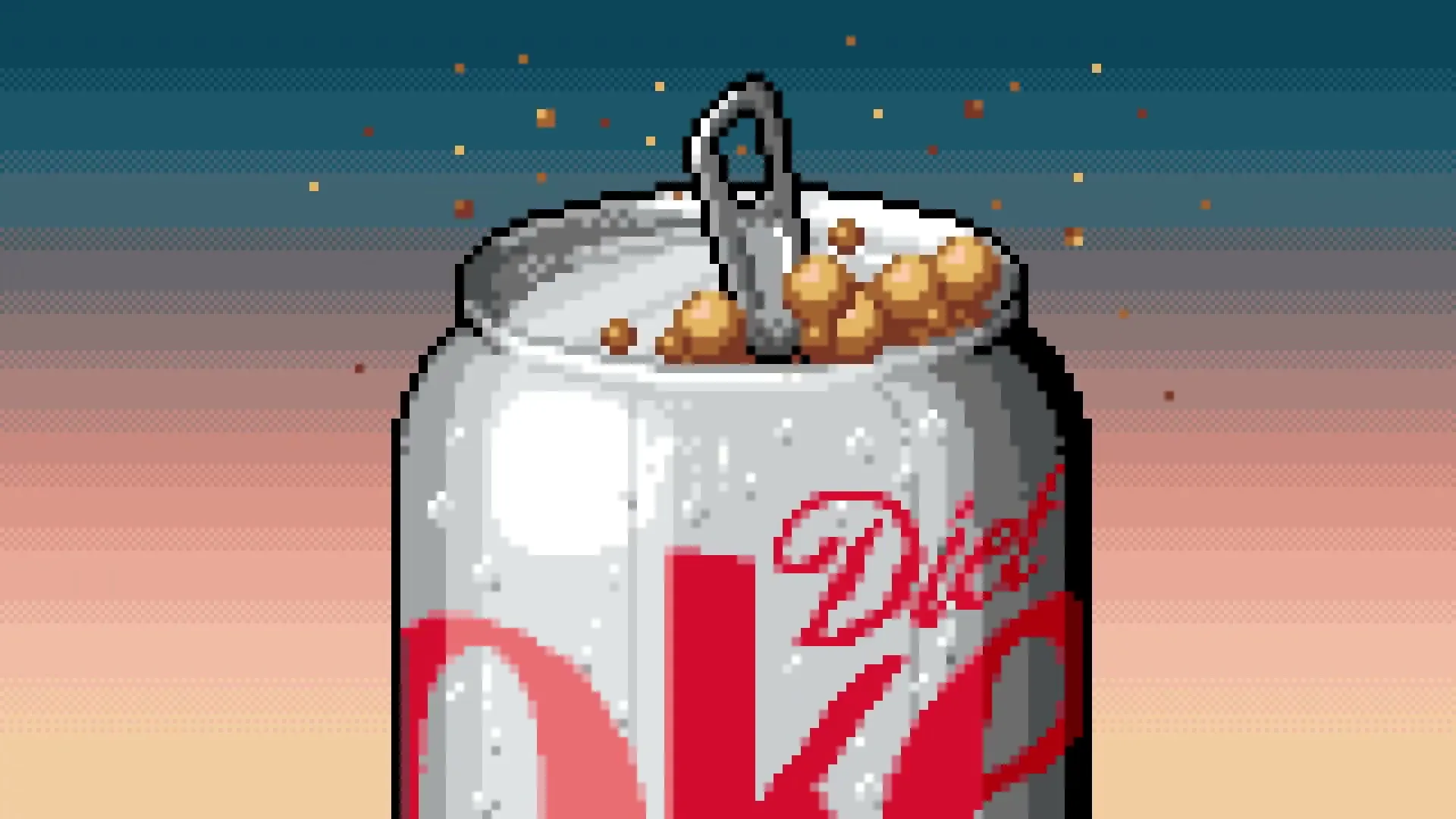A pixelated Diet Coke can with condensation and fizzing bubbles is shown against a gradient background, with small pixelated bubbles floating upwards.