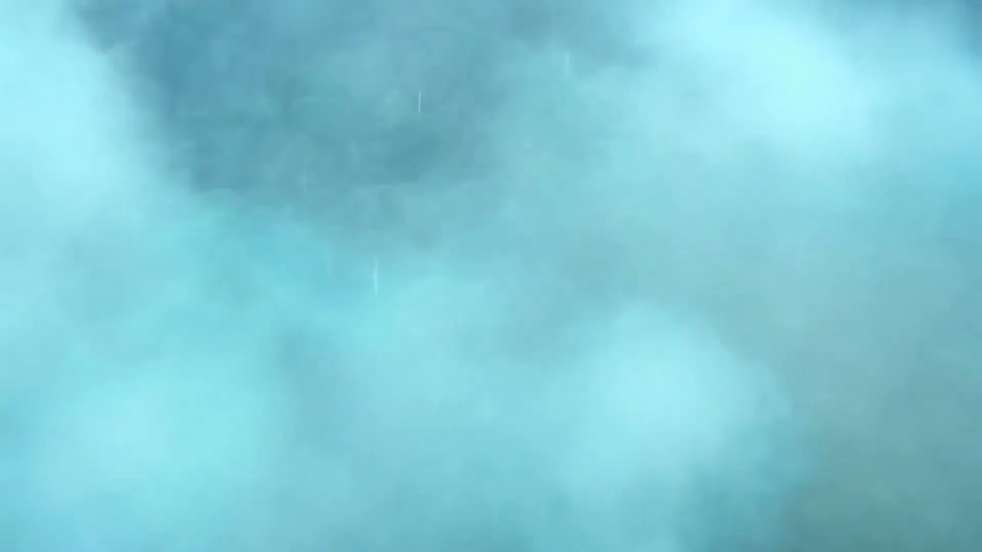 An extreme wide shot shows a dense, green forest partially obscured by a thick layer of blue-tinted mist, creating a mysterious atmosphere.