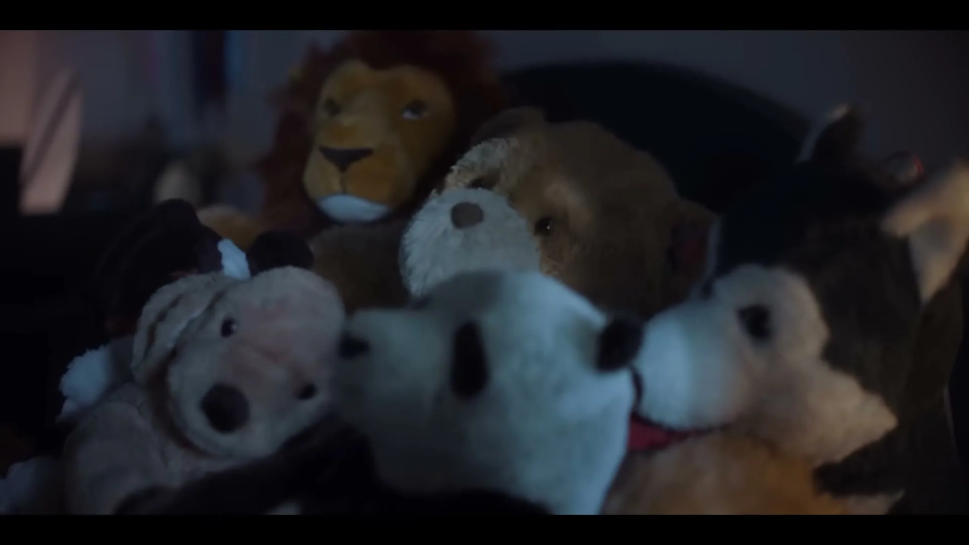 A group of stuffed animals, including a lion, a panda, and a dog, are seen in a dark, cozy setting, possibly a bed or a pile of toys.