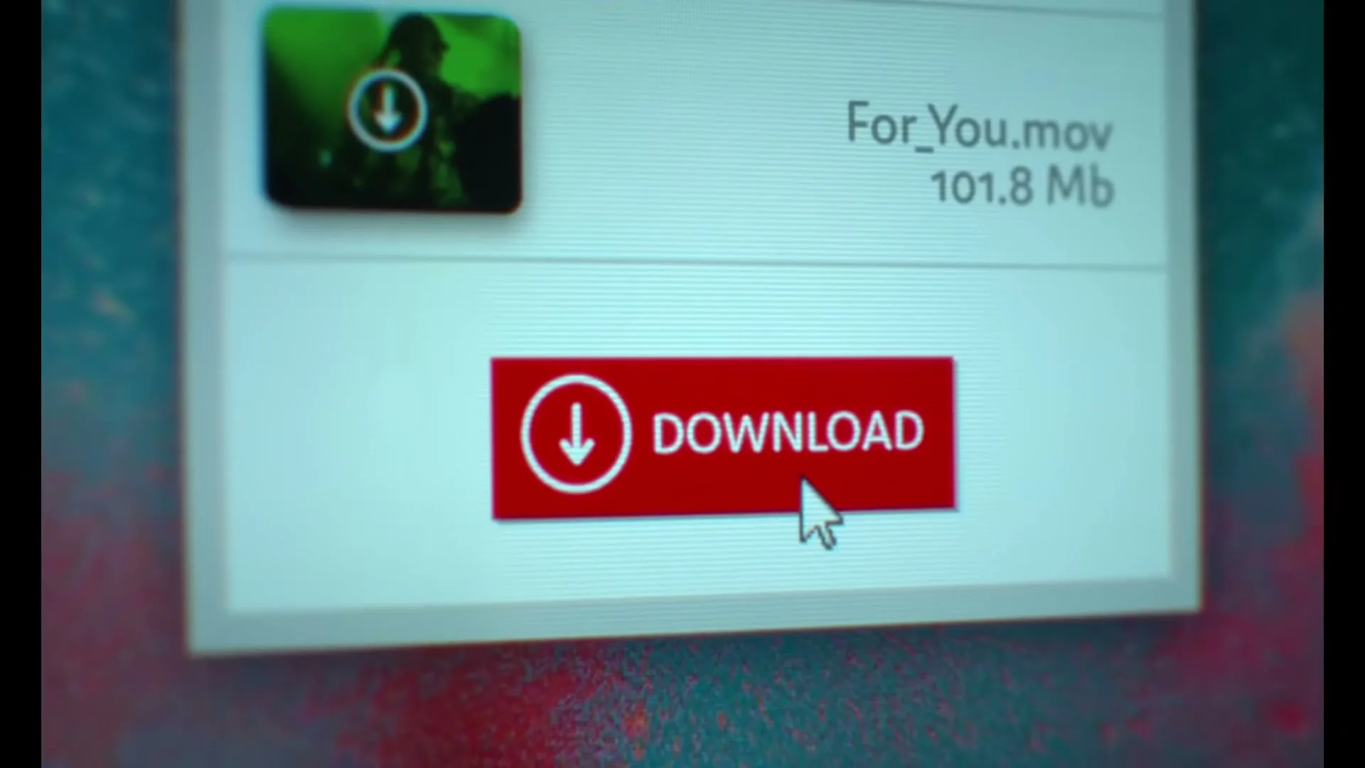 A computer screen shows a download button changing from blue to red as a cursor hovers over it, indicating a file download.