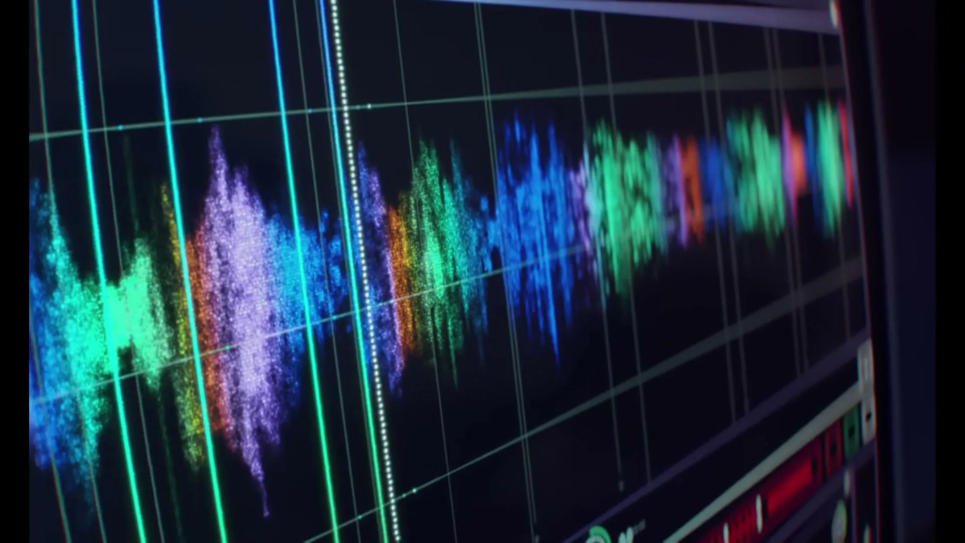 A close-up shot of a computer screen displays a colorful audio waveform, with various editing tools and timelines visible on the interface.