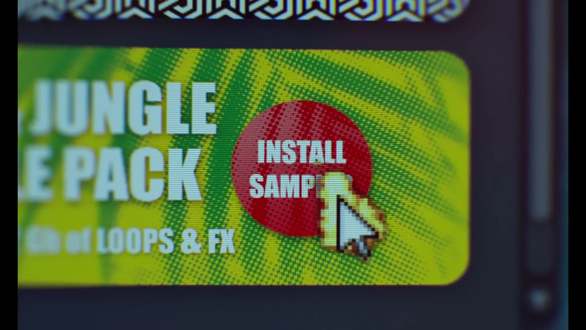 A pixelated mouse cursor clicks a red button that says "INSTALL SAMPLES" on a green and yellow graphic that reads "JUNGLE PACK" on a computer screen.