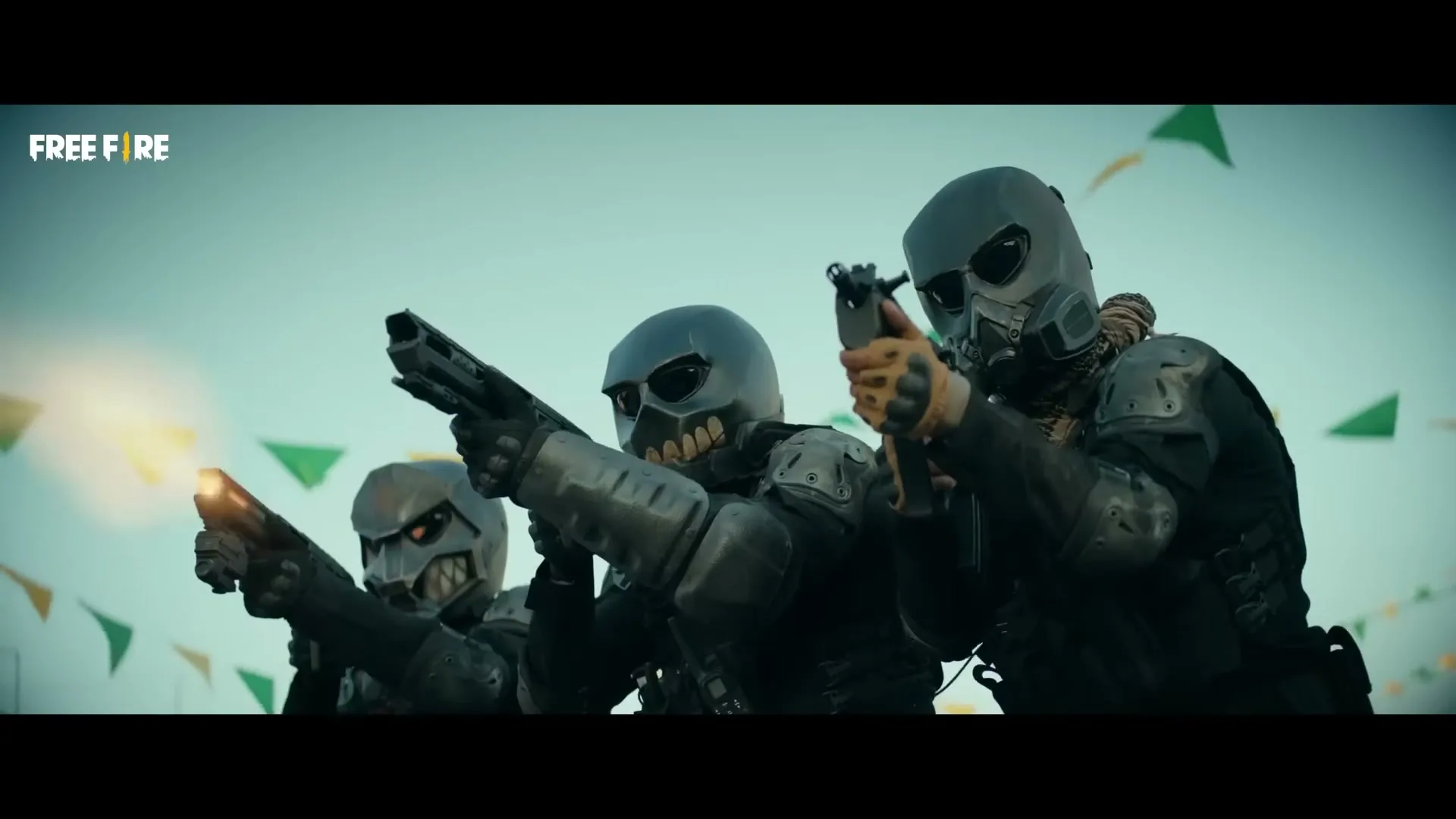 Three masked soldiers in tactical gear aim their weapons forward, with colorful flags in the background under a bright sky.
