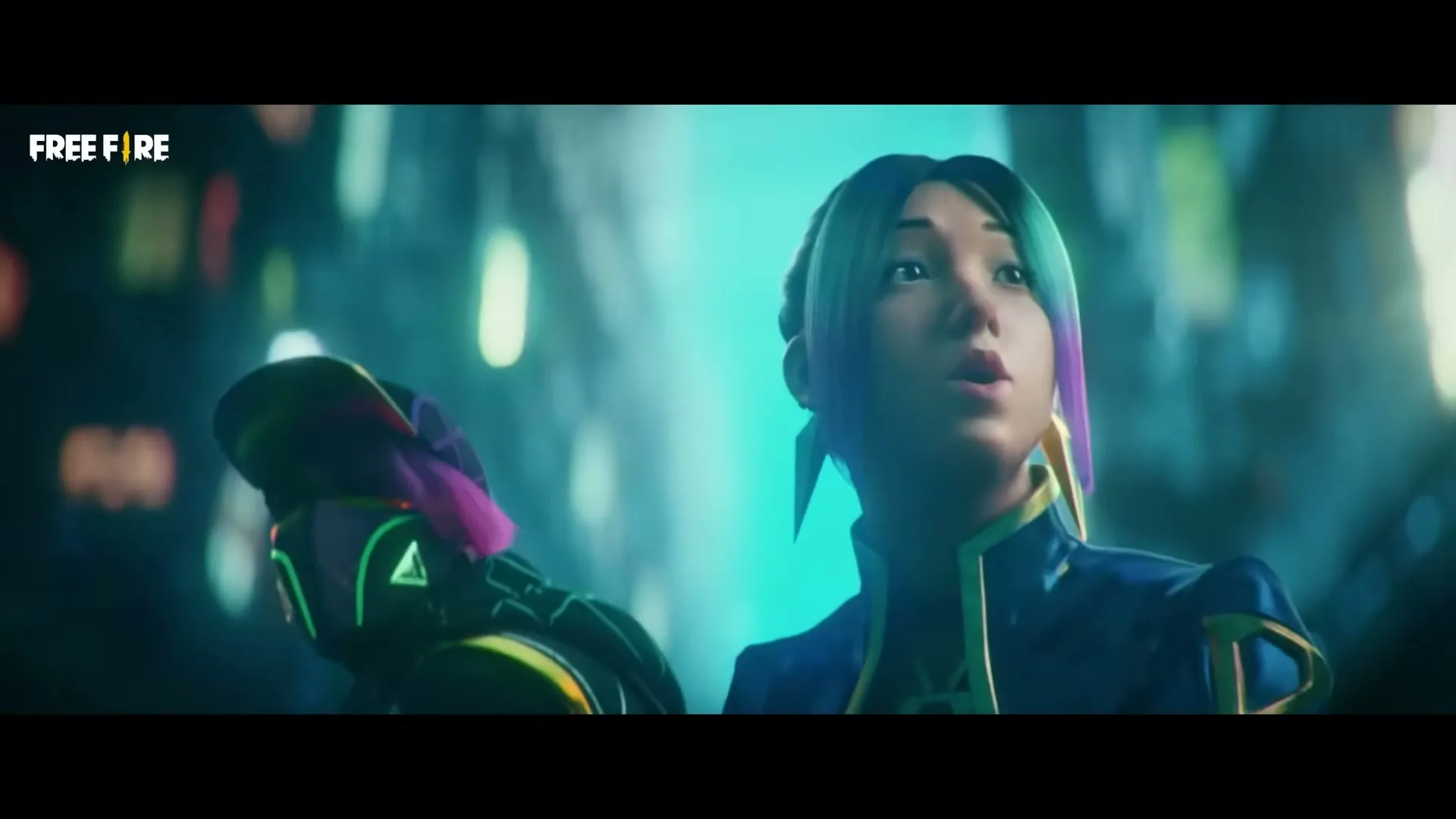 A young woman with blue and purple hair, wearing a blue and gold outfit, looks up in surprise in a futuristic city at night.