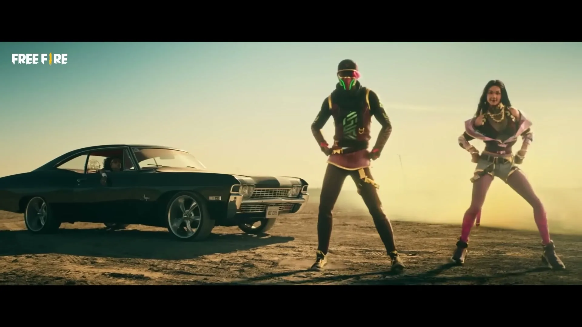 Two stylized CG characters, a male and a female, stand next to a classic black car in a desert landscape, posing confidently as the camera slowly zooms out.