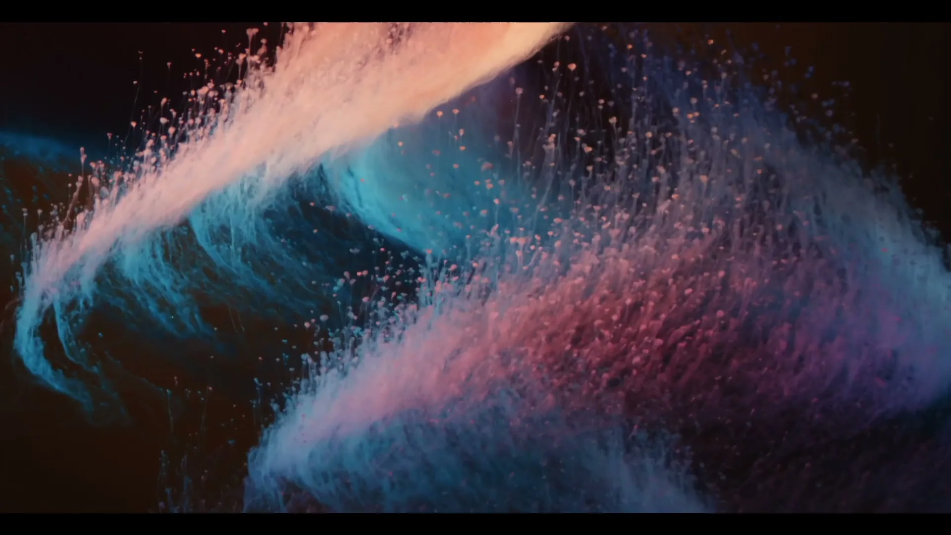 Pink and blue particles swirl and expand in a dark void, creating an abstract, organic shape.