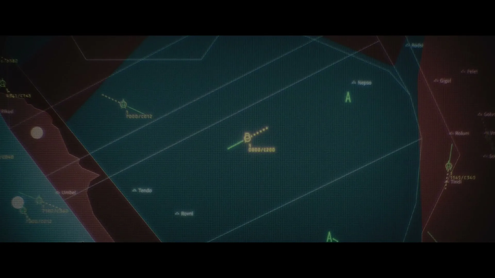 A digital map with green and red zones and small white dots representing planes, with a voiceover saying "This is a plane."