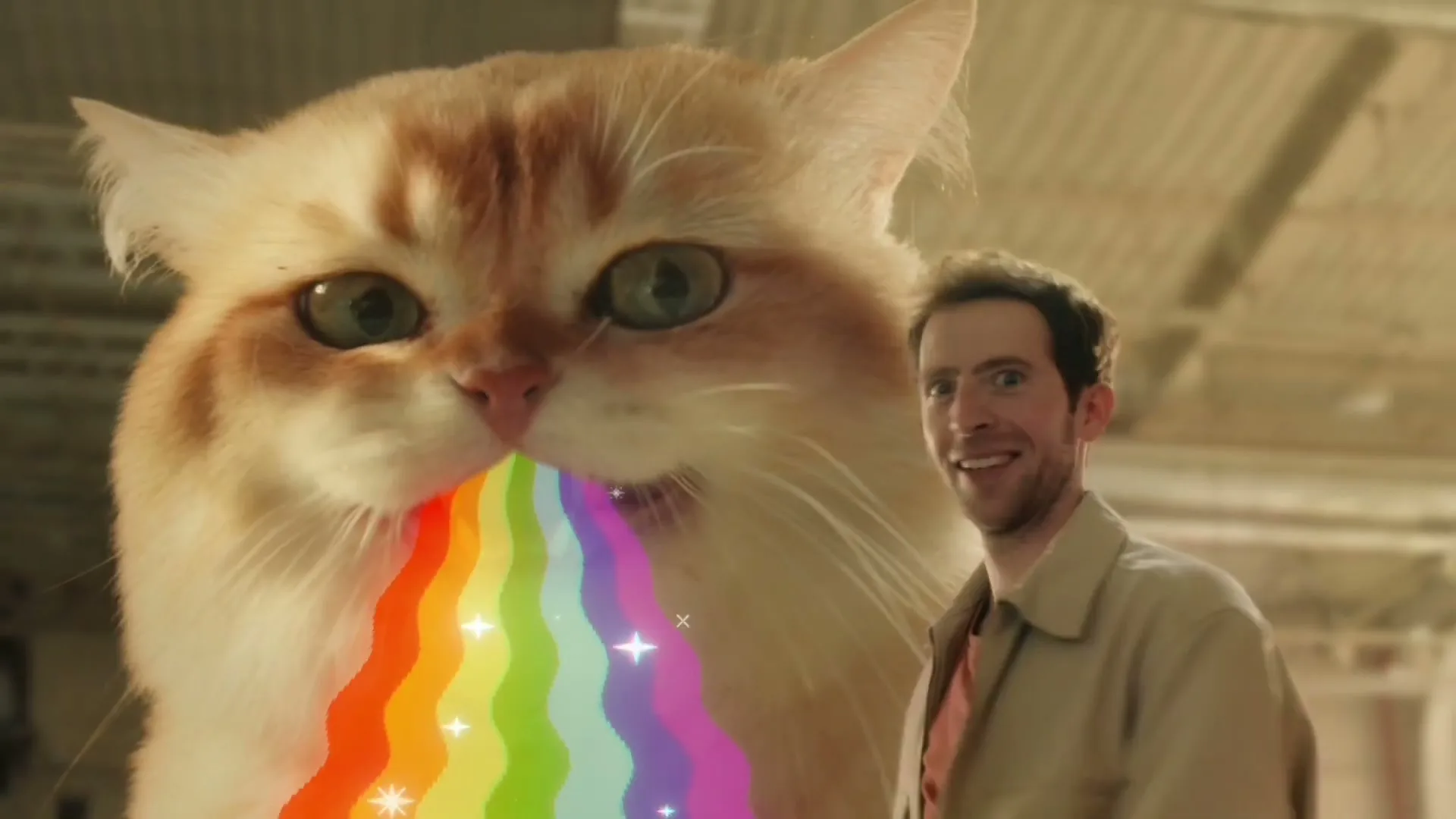 A man in a beige jacket looks up at a giant orange cat that vomits a rainbow with sparkles in an interior space.