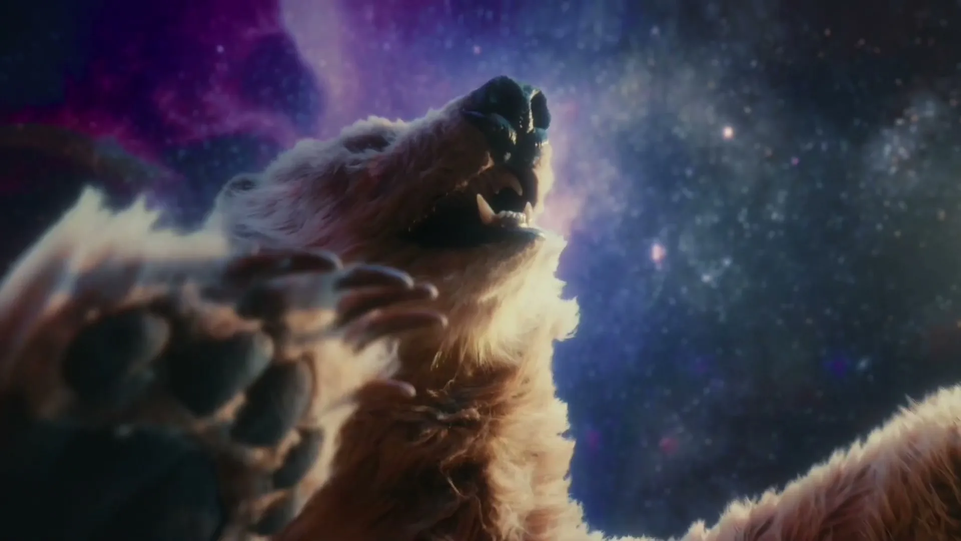 A CGI polar bear roars with its mouth open, looking up at a starry night sky with purple nebulae.