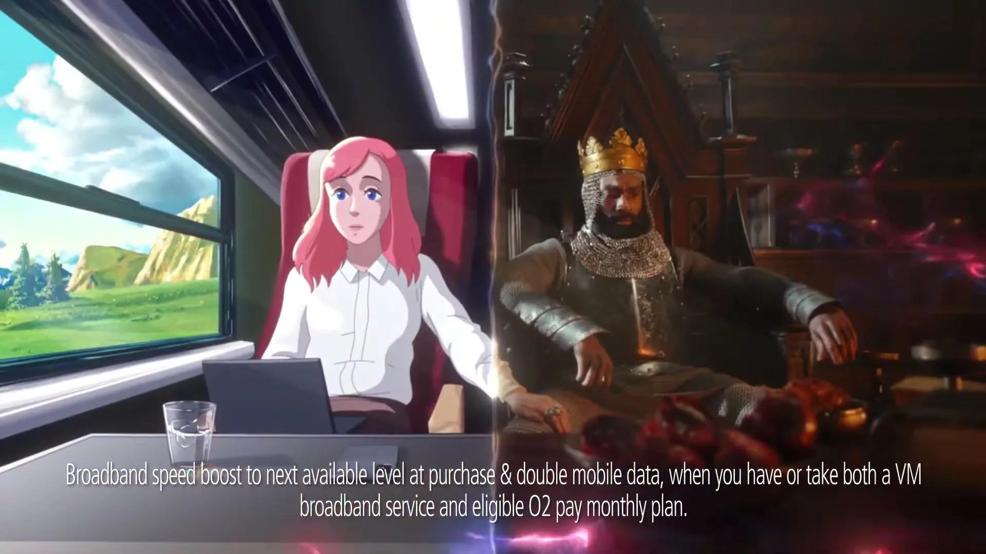 A split screen shows an animated woman on a train with a laptop and a live-action king on a throne, with legal text at the bottom.