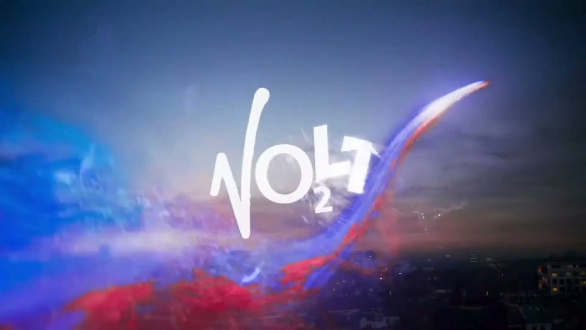 A red and blue light streak across the sky above a city at dusk, forming the word "Volt" in white text.