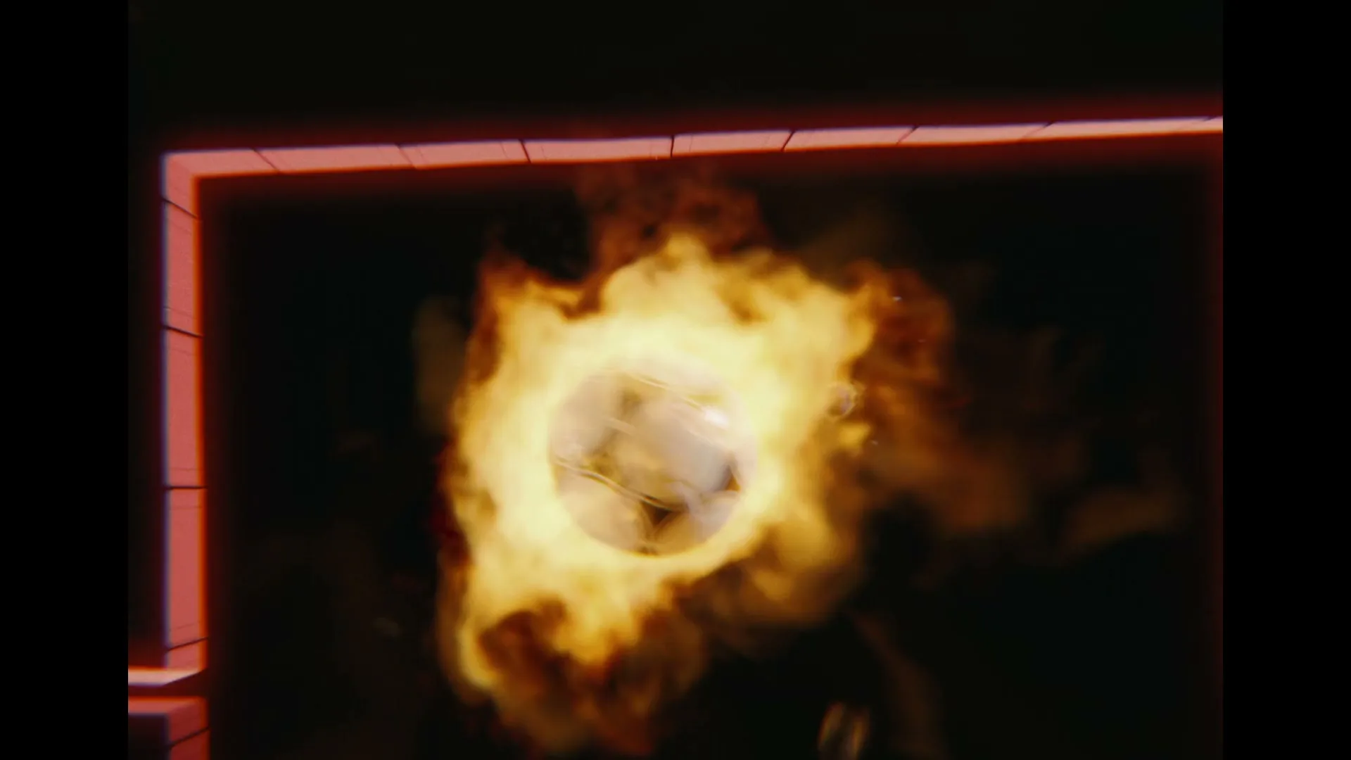 A soccer ball engulfed in flames flies through a dark, abstract space, leaving a trail of light and debris.