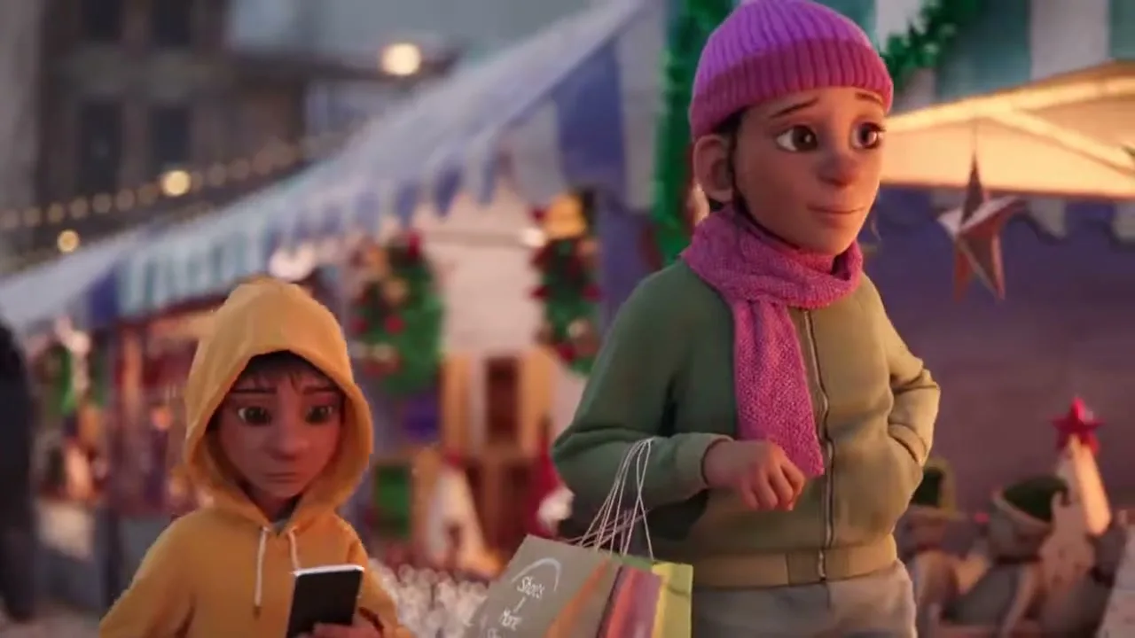 A young woman in a pink hat and scarf carries shopping bags while a child in a yellow hoodie looks at a phone, walking through a festive outdoor market.