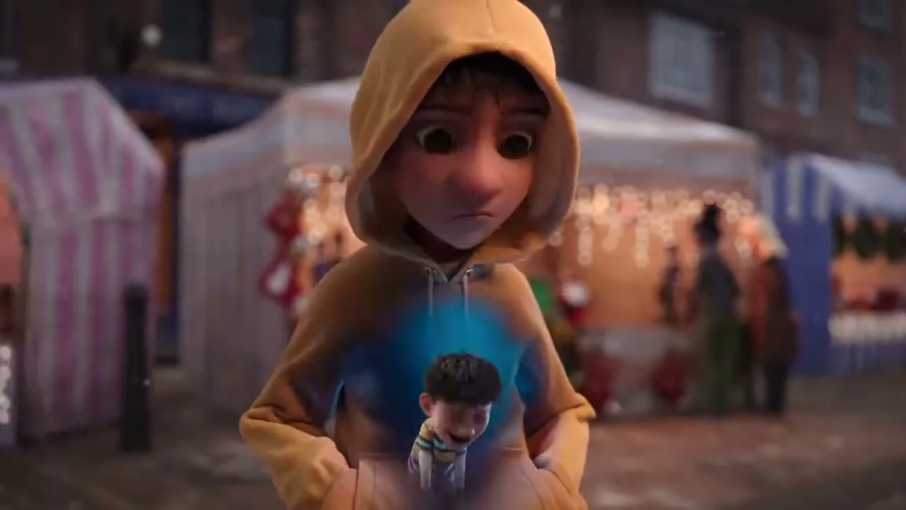 A young animated boy in a yellow hoodie looks down at a glowing image of a smaller, younger version of himself, then puts in earbuds on a busy street.