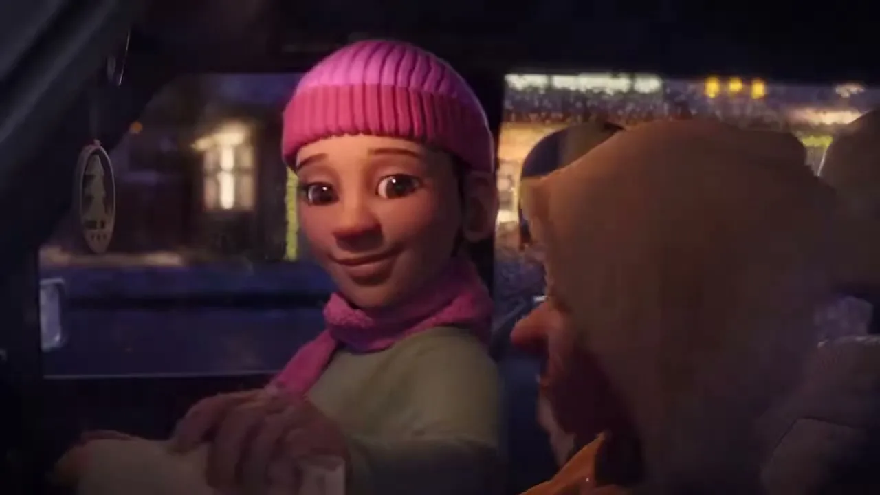 A young animated girl in a pink hat and scarf smiles while holding a bag of food in a car at night.