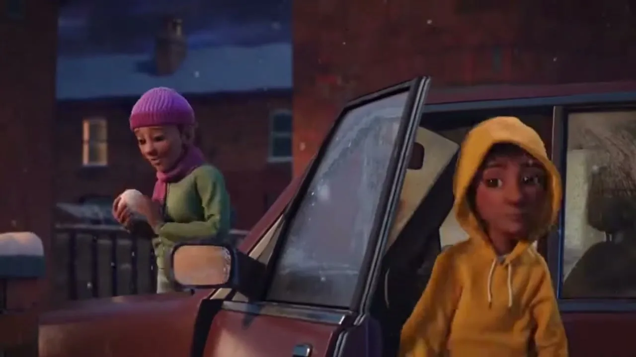 A young boy in a yellow hoodie gets out of a car, while a young girl in a pink hat and scarf throws a snowball in a snowy neighborhood at dusk.