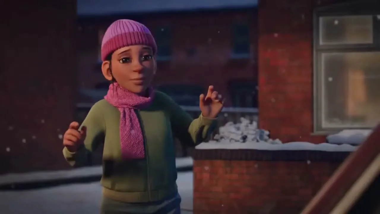 A young animated boy, dressed in winter clothes, stands outside in the snow, looking happy and gesturing with his hands.
