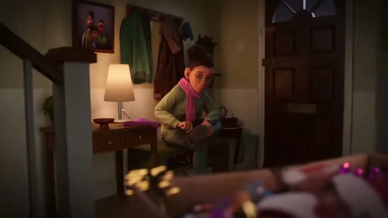 A young animated girl with dark hair and a pink scarf sits on a chair, putting on her shoes in a cozy home entryway.
